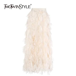 TWOTWINSTYLE Solid Designer Spliced Tassel Skirt For Women High Waist Patchwork Ribbon Elegant A Line Skirts Female KSK506851