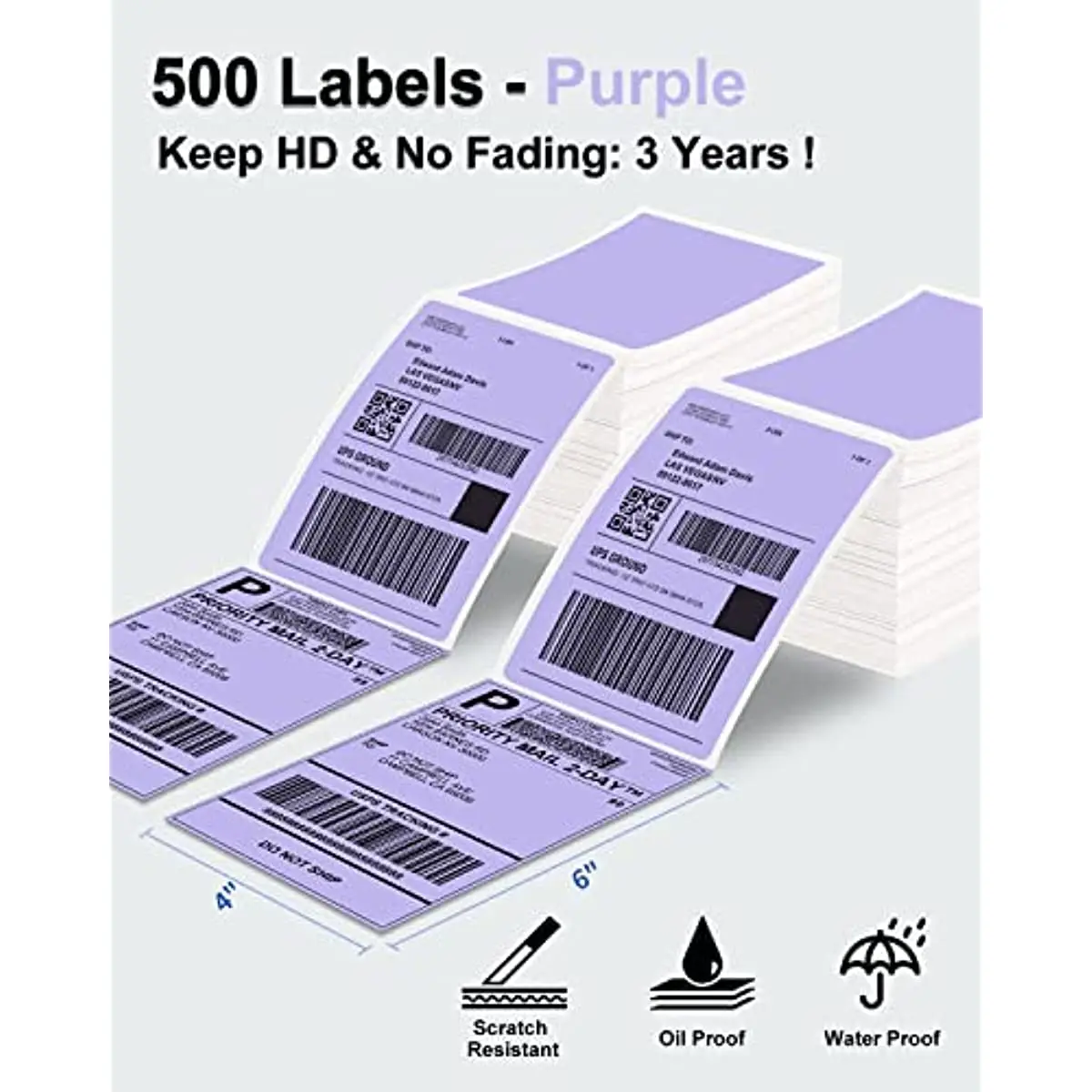 Phomemo Roxo Mailing Labels para envio de etiquetas impressora, etiquetas térmicas diretas, Fanfold BPA Free, 4x6, 500Pcs