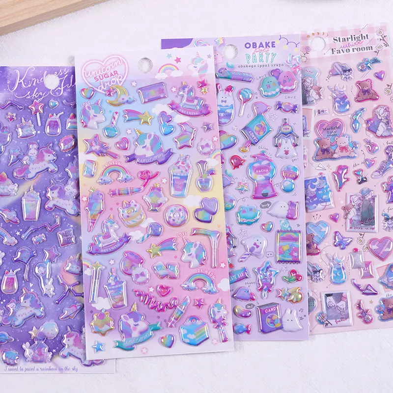 4 pcs Cartoon Unicorn Colorful 3D Stickers Scrapbook Decor Stationery DIY Journaling Sticker School Office Supplies