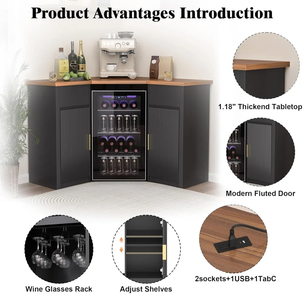 

Corner Bar Cabinet with Fridge Space, Corner Coffee Bar Station with Storage, L Shaped Liquor Wine Cabinet, Customized