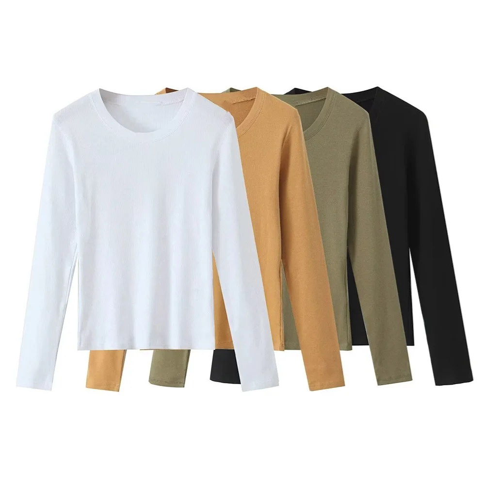 PB&ZA2024 autumn new women's clothing style slim fit solid color simple long sleeved short ribbed T-shirt top