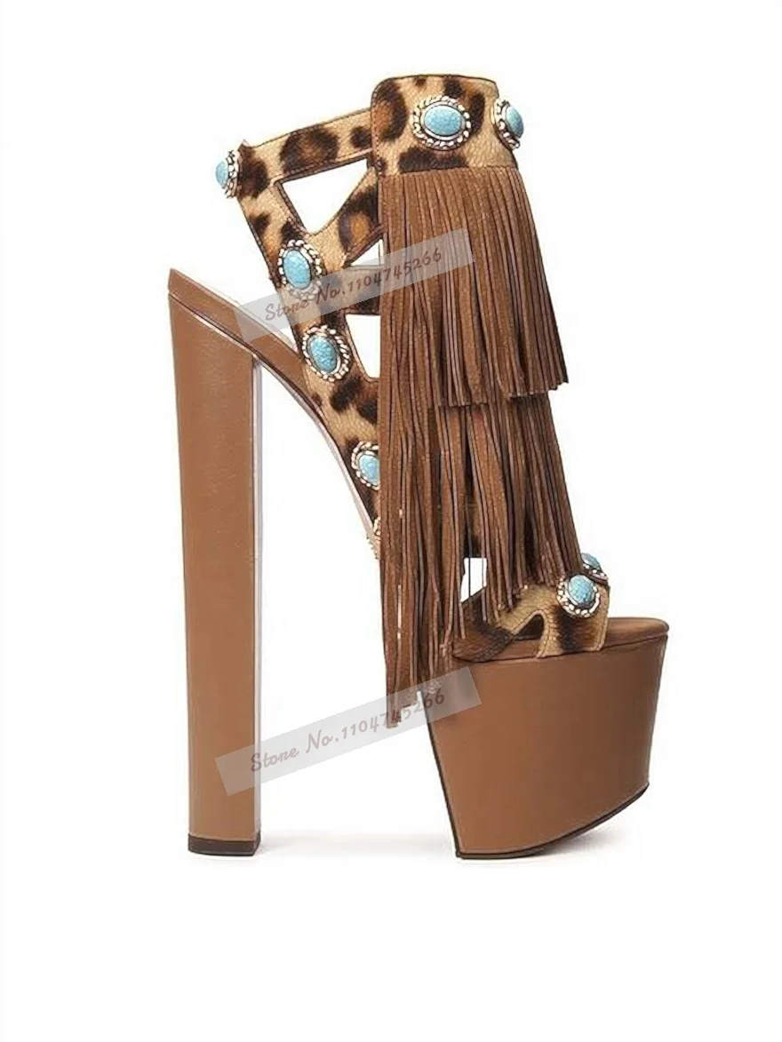 Turquoise Beaded Stone Button Chunky Heel Sandals Leopard Sude Brown Fringe Platform Dress Shoes Cut Out Buckle Strap Shoes view 6