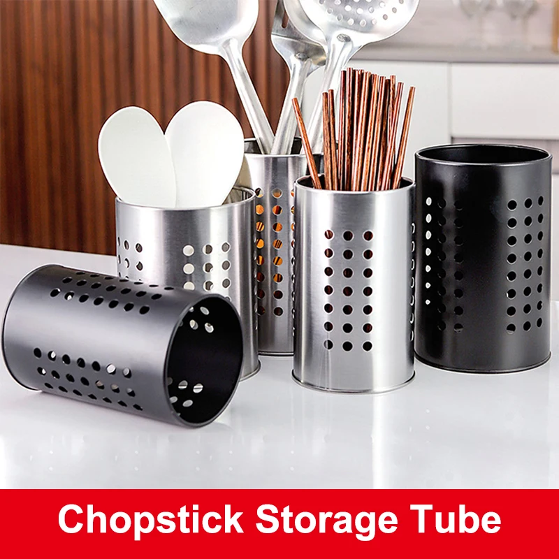 Stainless Steel Chopsticks Tube Tableware Bucket High-Capacity Kitchen Utensils Storage Round Hole Hollowed Out Drain Tube