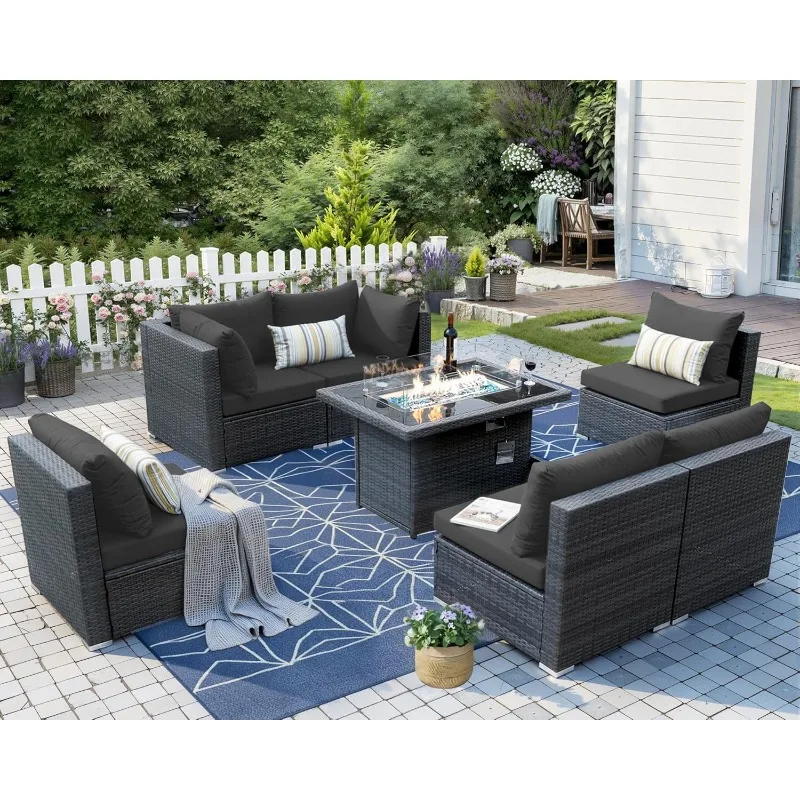 

Extra Large Rattan Patio Furniture Set with Gas/Propane Fire Pit Table, 29.3'' High Back Comfy Outdoor Sofa Conversatio