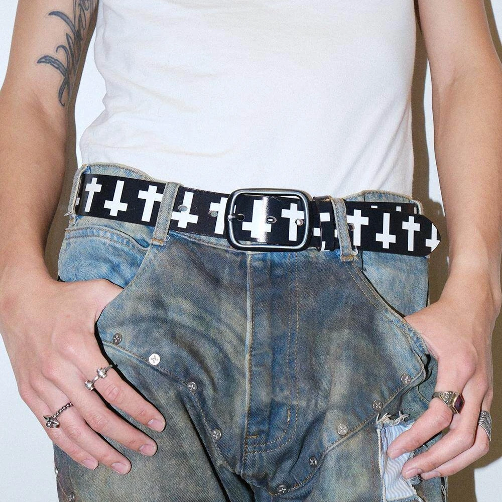 Retro Cross Print Dark Men's Belt Goth Y2K Rock Subculture Belt Party Stage Performance Jeans PU Leather Accessory Belt