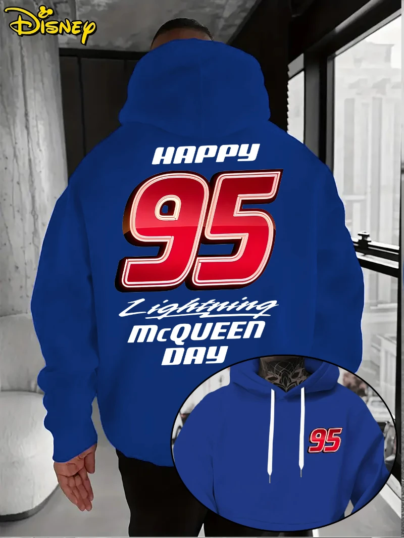 سترة ديزني - سترة بقلنسوة للرجال بنمط الرسوم المتحركة الحمراء 95 للخريف/الشتاء، سترة بقلنسوة فضفاضة بجيب أمامي، مناسبة لملابس غير رسمية