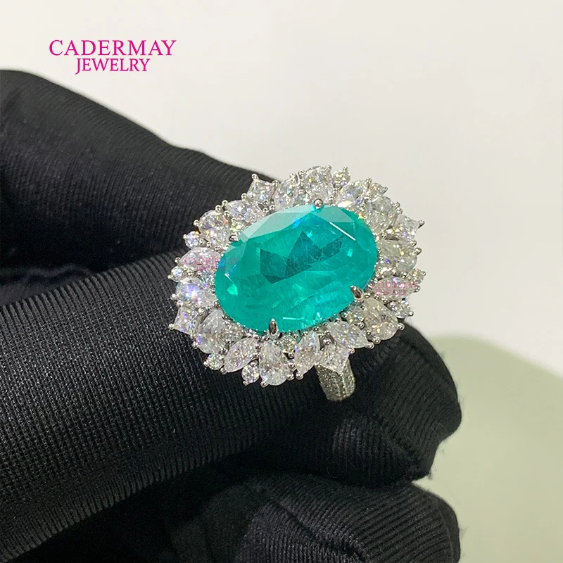 

Cadermay Luxury 925 Silver Big Size Oval Shape Synthetic Paraiba YAG With Moissanite Wedding Engagement Halo Ring Pave For Women