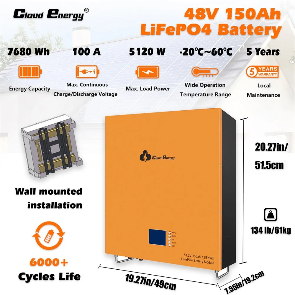 Cloudenergy CL48-150B 48V 150Ah LiFePO4 Deep Cycle Battery — 6000+ Cycles, 80% DOD, Built-in 100A BMS, High-Temp Cut-Off, Solar/Wall/Generator Charging, for Home & Solar Energy Storage, 7680Wh
