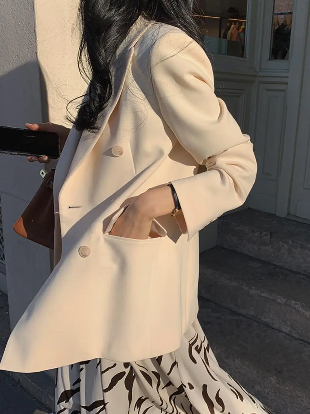 

Ele Autumn 2025 New Faion Loose Commuter Versatile Outerwear Double Button Waist Slimming Suiting Women's Polyester Fiber