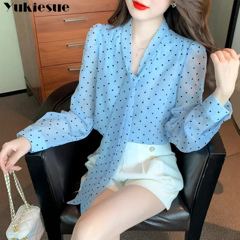 

2025 женские блузки, рубашка, блузка с длинным рукавом, женская шифоновая блузка с воротником-бабочкой в горошек, женская корейская летняя мода, элегантная офисная блузка
