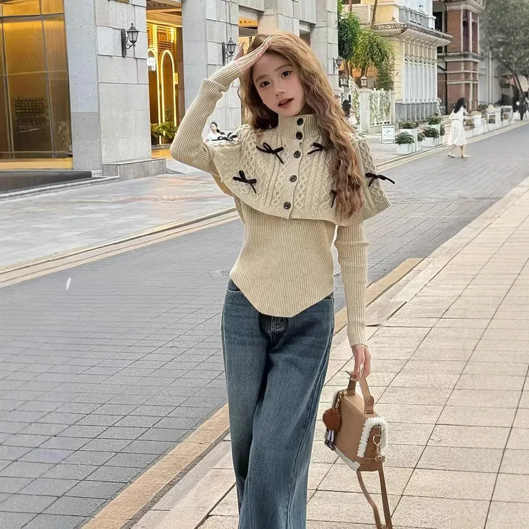 Bow Atmosphere Sweater Shrug Knitted Top 2024 Autumn New Style Korean Pure Desire 2-Piece Set Sleeveless POLO Collar