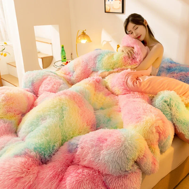 Luxury Heavyweight Mink Velvet Winter Comforter Rainbow Gradient Fluffy Long Plush Blanket Queen Thickened Warm Quilts for Bed