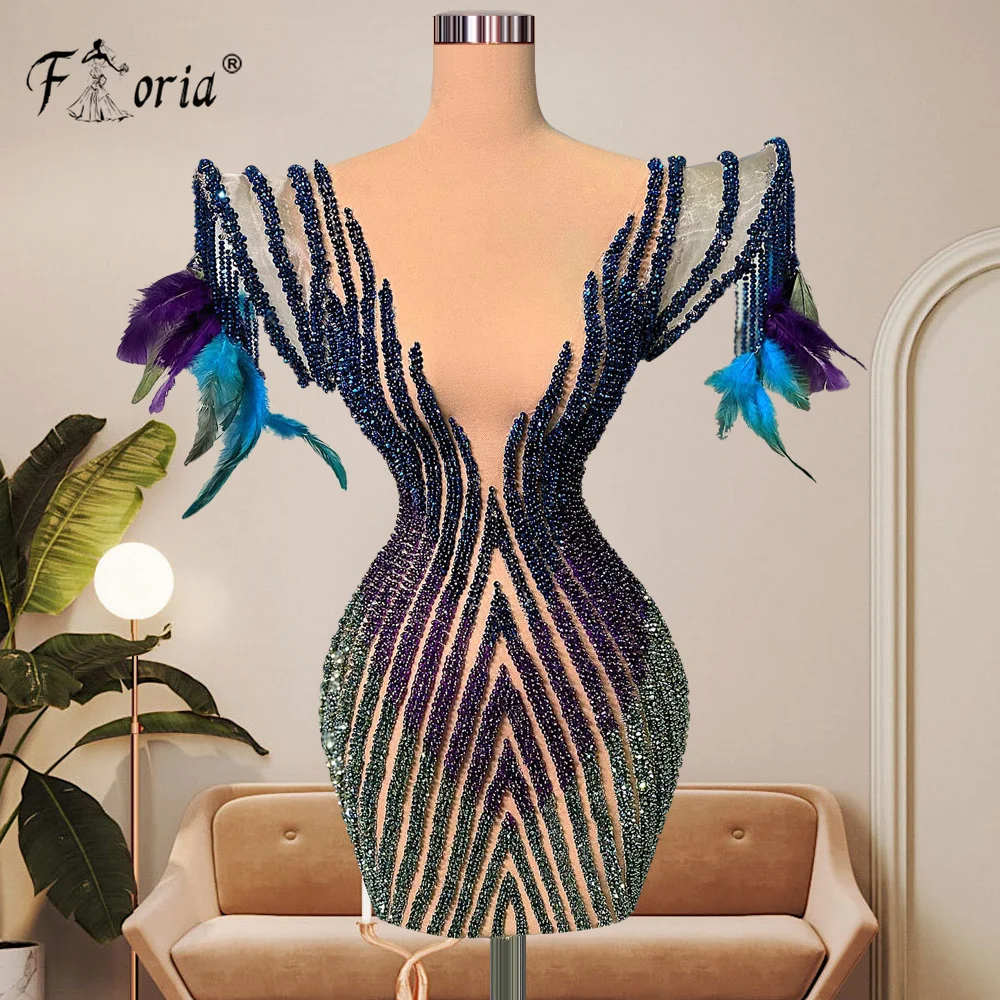 Sexy Deep V Neck Short Cocktal Dress Beaded Feather Handmade Mini Prom Dresses Couture Celebrity Party Gown For Special Occasion