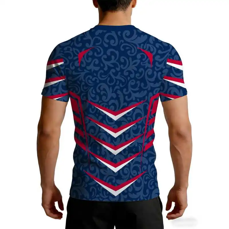 Men'S High-Elastic Quick-Drying Blue Patterned Fitness Top Red And White Contrasting Color Sports Short Sleeves Tight-Fitting Sl