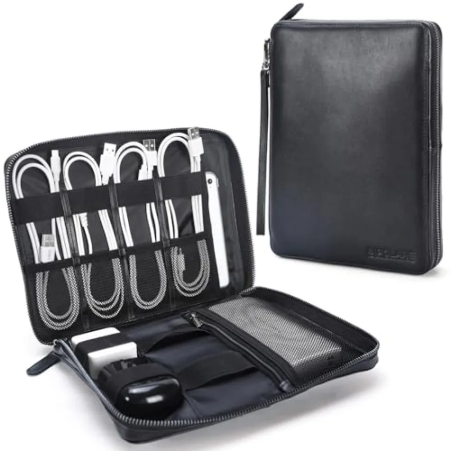 

Travel cable organizer case for electronics accessories, full grain leather, black, YKK zippers and secure tech storage for cab