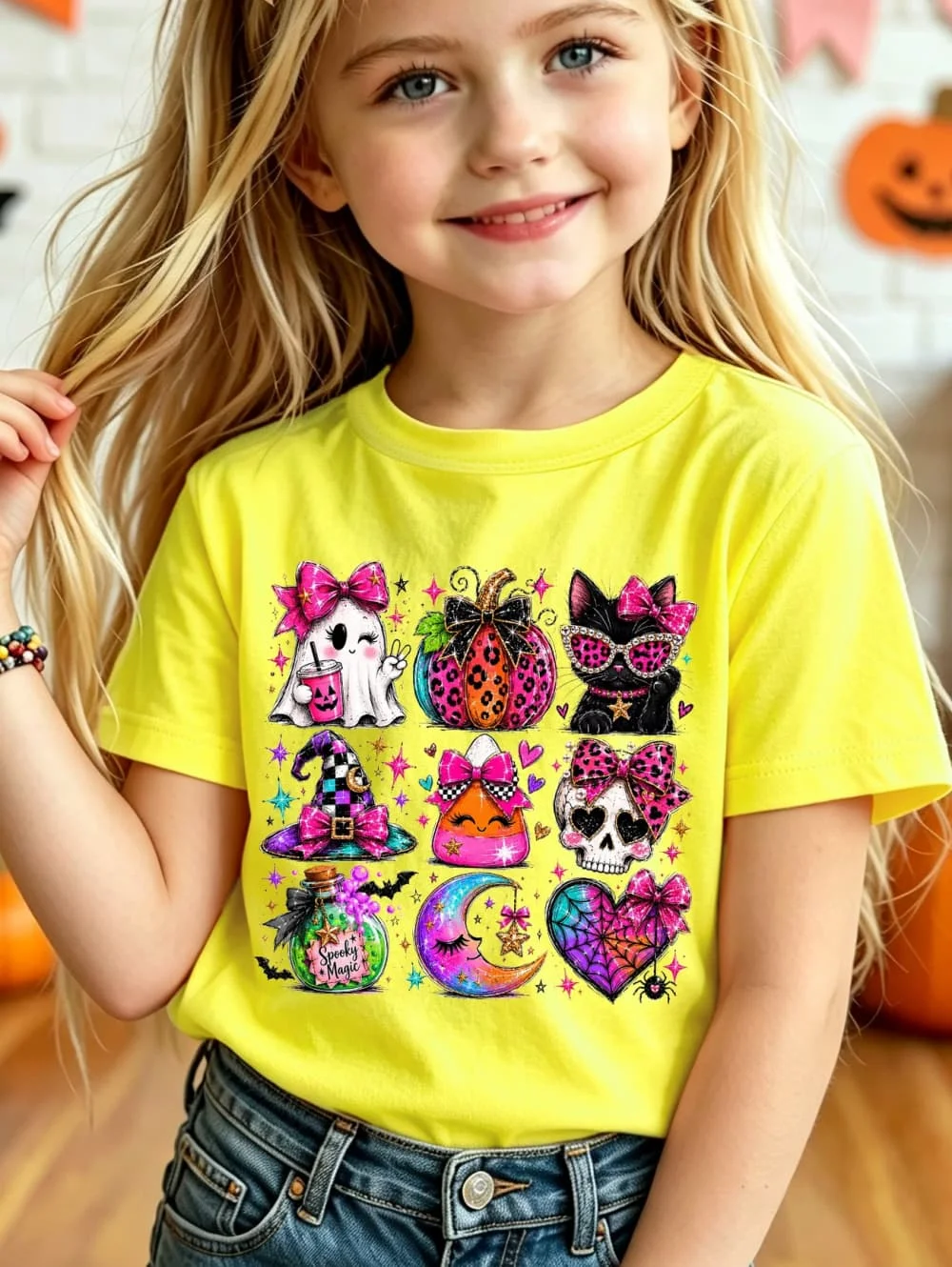 Girl Clothes Halloween Summer Fashion Girls' Short Sleeve T-Shirt Pumpkin and Ghost Cartoon Pattern Print Casual Versatile Tops
