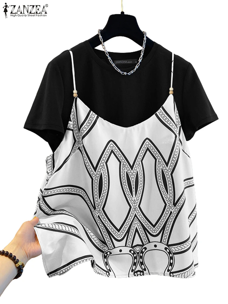 2025 ZANZEA Holiday Printed Shirt Stylish Summer Two Pieces Blouse Women Tanks Tops Casual O Neck Short Sleeve Work Blusas Camis