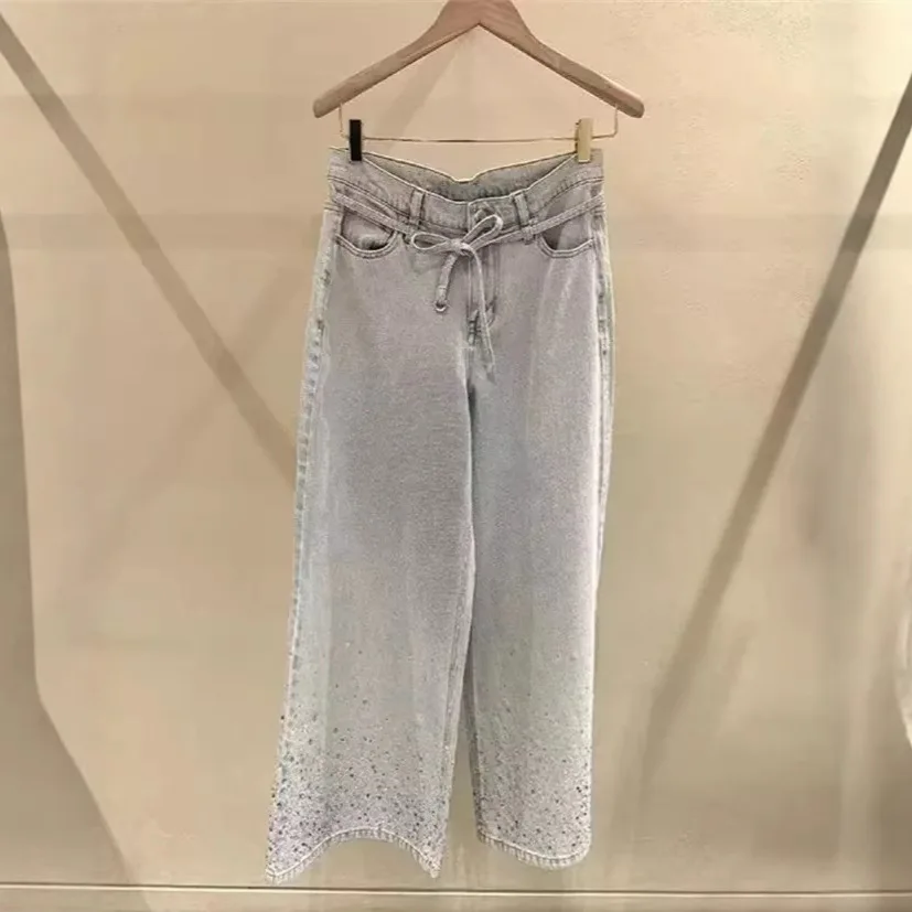 

Ladies' Light Blue Jeans 2026 Spring Summer New Washed Denim Rhinestone High Waisted Wide Leg Pants