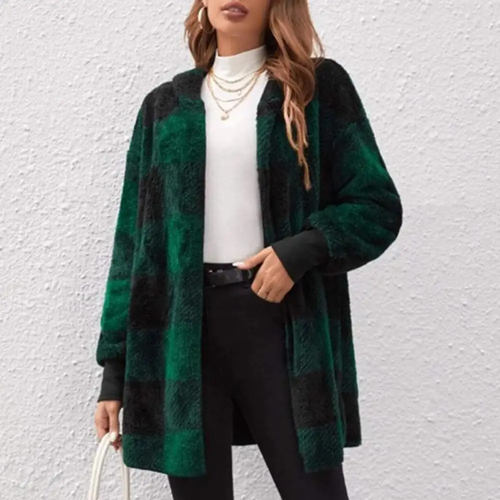 

Women Jacket Plaid Print Mid Length Hooded Overcoat for Women Thick Knitted Warm Fall Winter Coat with Elastic Cuff Loose Open