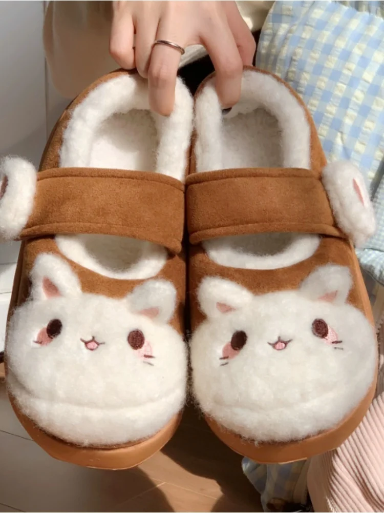 Winter Home Slippers Soft Cute Cat Themed Indoor Household Slippers Cotton Shoes Magic Tape Thick Sole Slippers