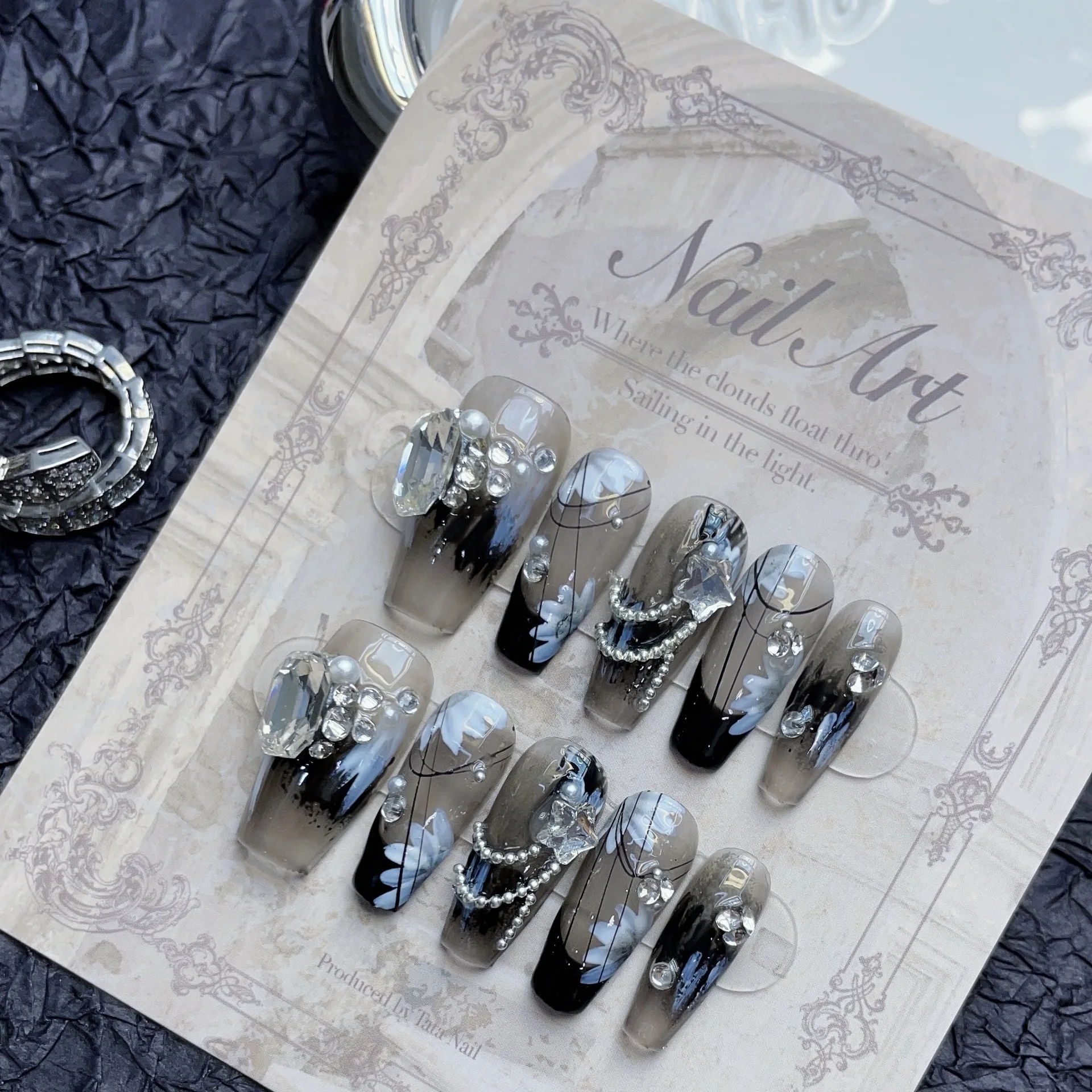

10Pcs Black Smudge French Handmade Press on Nails Flower Ballet Rhinestone False Nails Detachable Full Cover Fake Nails Tips Art