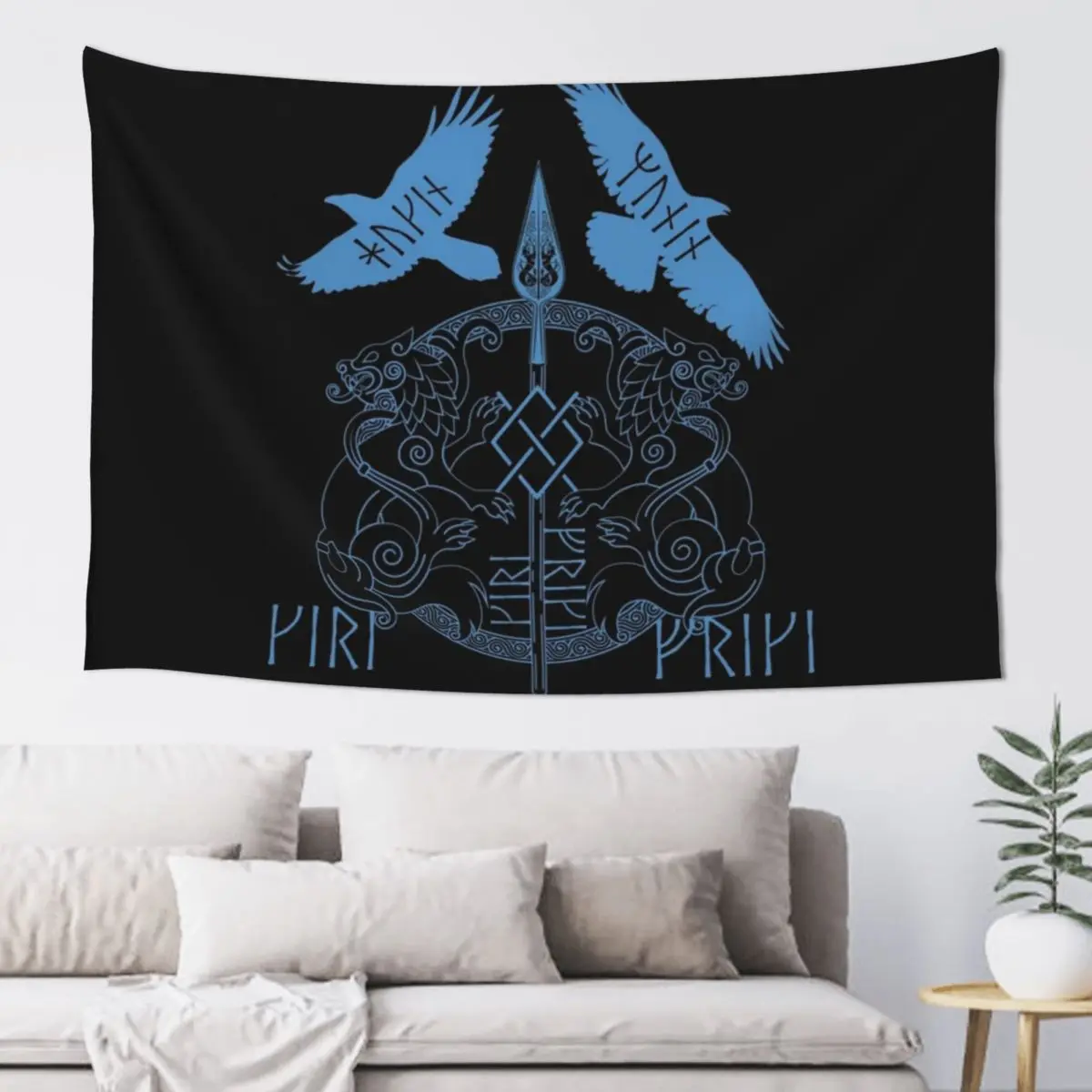 Norse Mythology Spear of Odin Gungnir Runes Geri Freki Huginn Muninn Blue Tapestry Bedroom Decor Wall Hanging Decor Tapestry