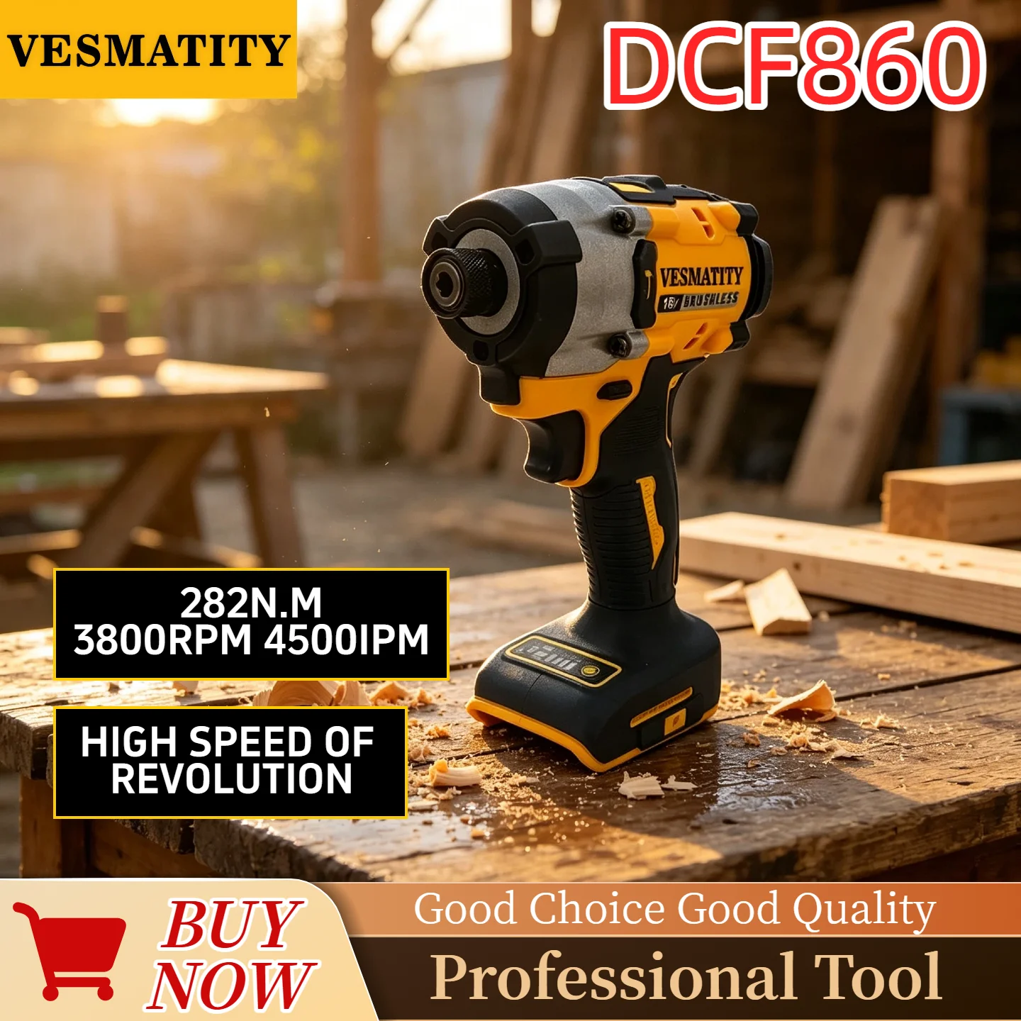 Vesmatity DCF860 282N.m 3800RPM 4500IPM Bürstenloser Akku-Schlagschrauber mit 3-Gang-Einstellung für DeWALT-Akku