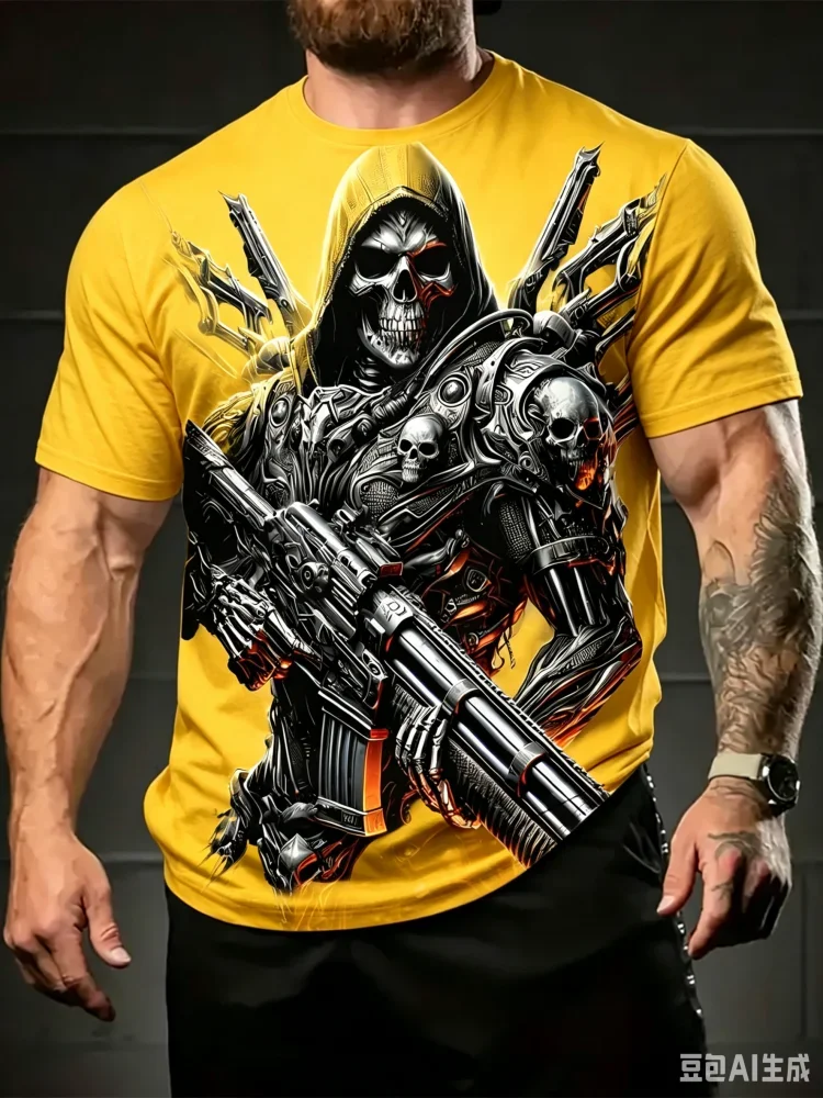 Gothic Skull Warrior Print T-Shirt for Men Dark Cyberpunk Grim Reaper Graphic Tee Casual Loose Streetwear Summer Men's Tops