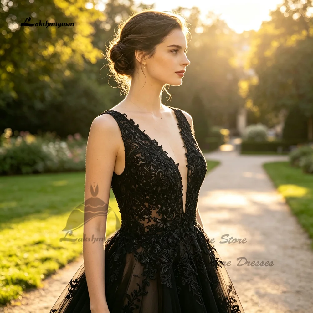 Lakshmigown Gothic Schwarzes Hochzeitskleid Rückenfrei 2026 Vintage Garten Brautkleider Tiefer V-Ausschnitt Vestidos de Novia Maßanfertigung – Detail 2