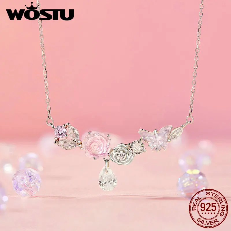 WOSTU Original 925 Sterling Silver Magical Butterfly Flower Necklace For Women Party Dating Gift S925 Luxury Jewelry FIN521