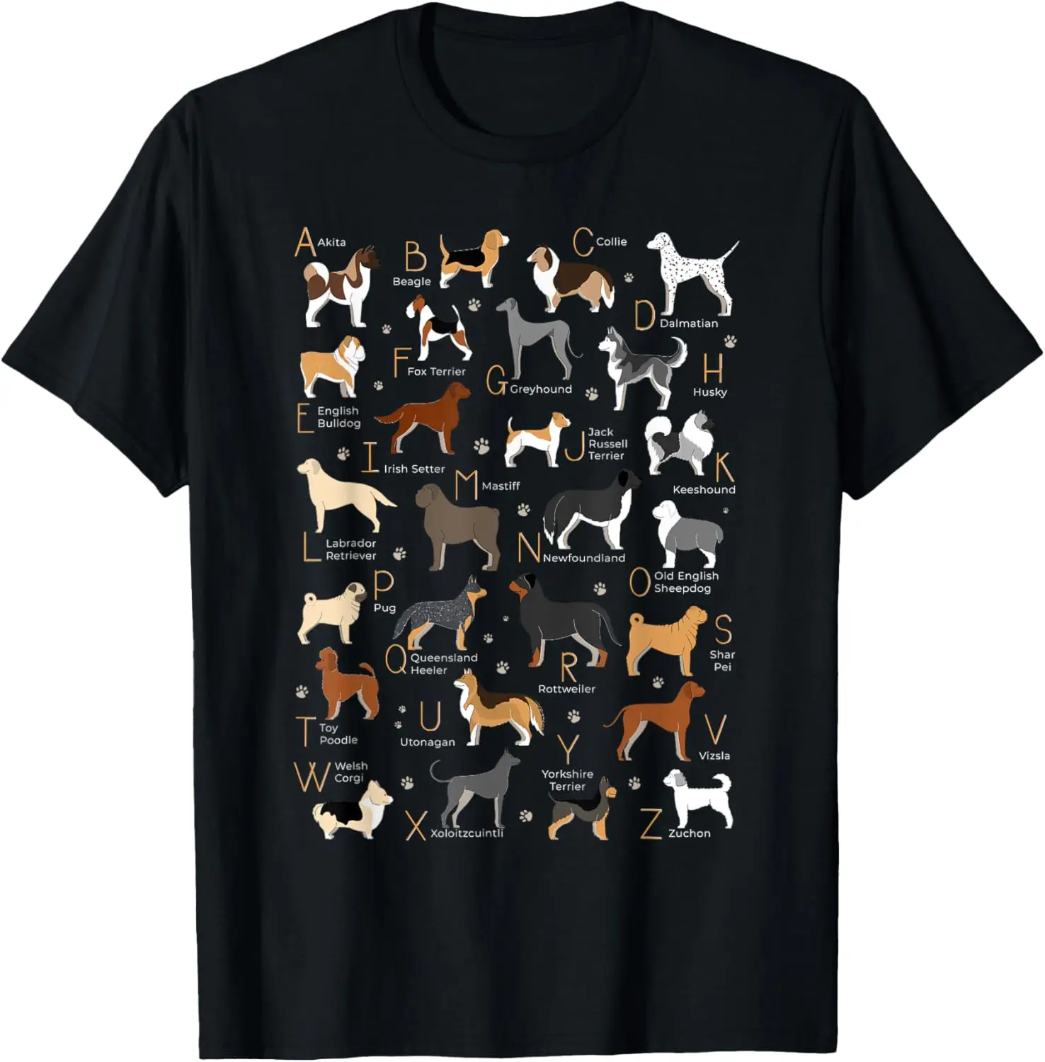 ABC Dog Breeds Identification A-Z Types of Dogs Canine T-Shirt 100% Cotton O-Neck Short Sleeve Summer Casual Mens T-shirt