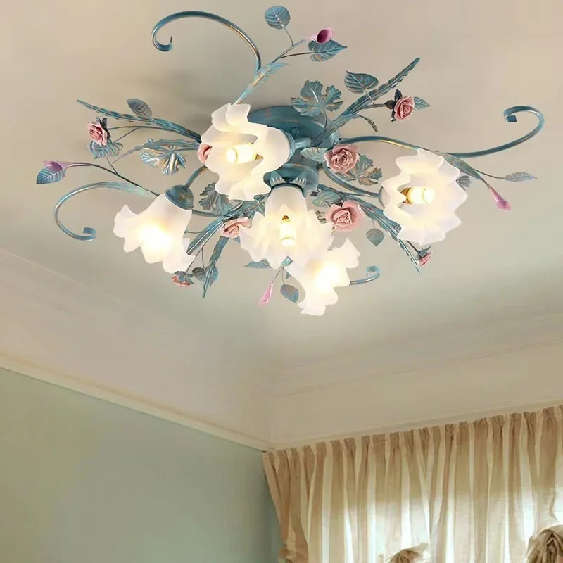 Romantic Rose Flower Ceiling Lamp Pastoral Style Glass Flower Ceiling Chandelier For Bedroom Living Room Art Attic LED Lighting