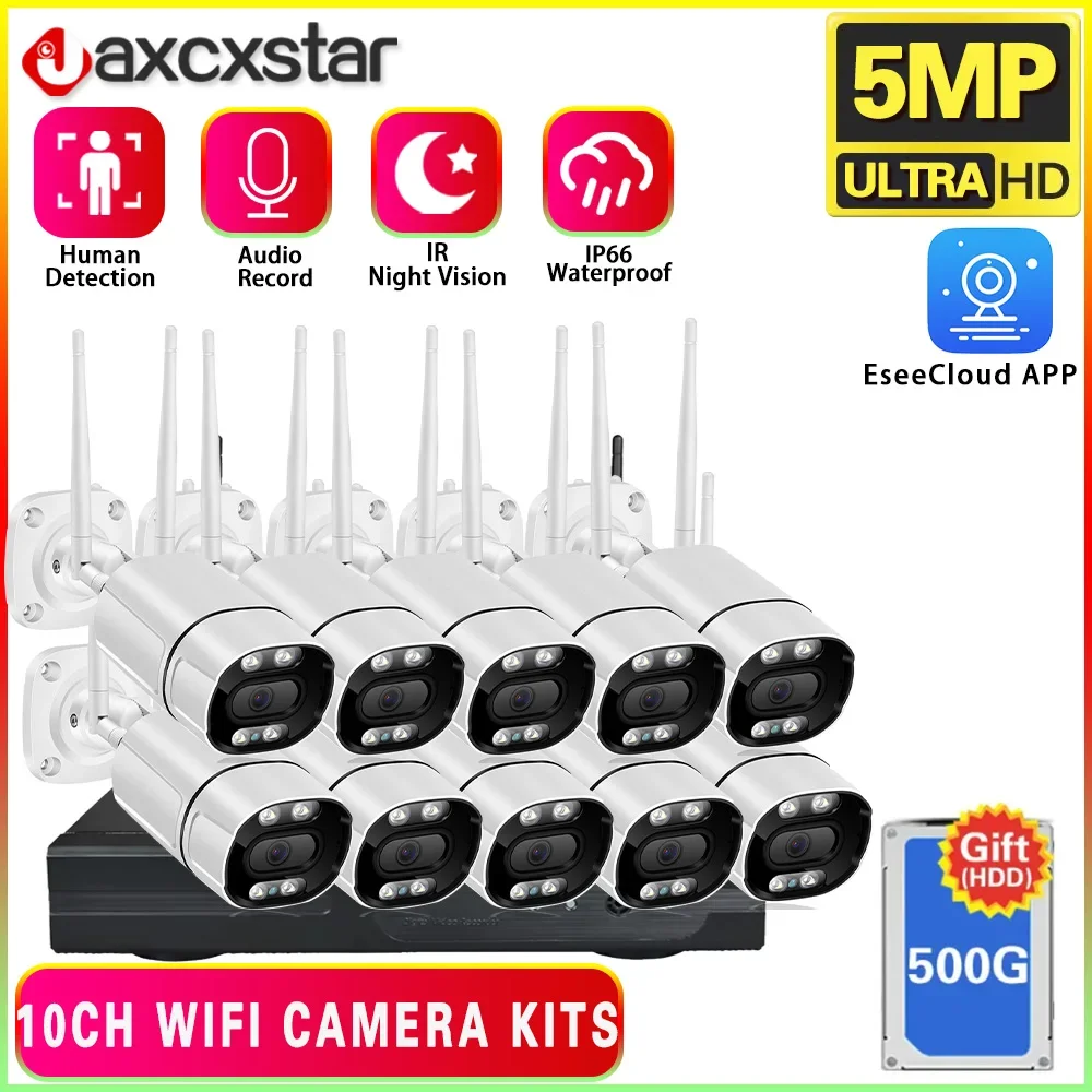 

10CH 5MP Wireless Video Surveillance Security Camera System 10CH P2P NVR Two Way Audio Color Night Vision WIFI IP Bullet Camera