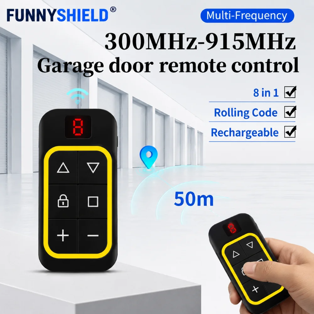 FUNNYSHIELD 8 in 1 Remote Control Multi Frequency 300MHz-915MHz Rechargeable RF Garage Door Opener Command Key Fob Transmitter