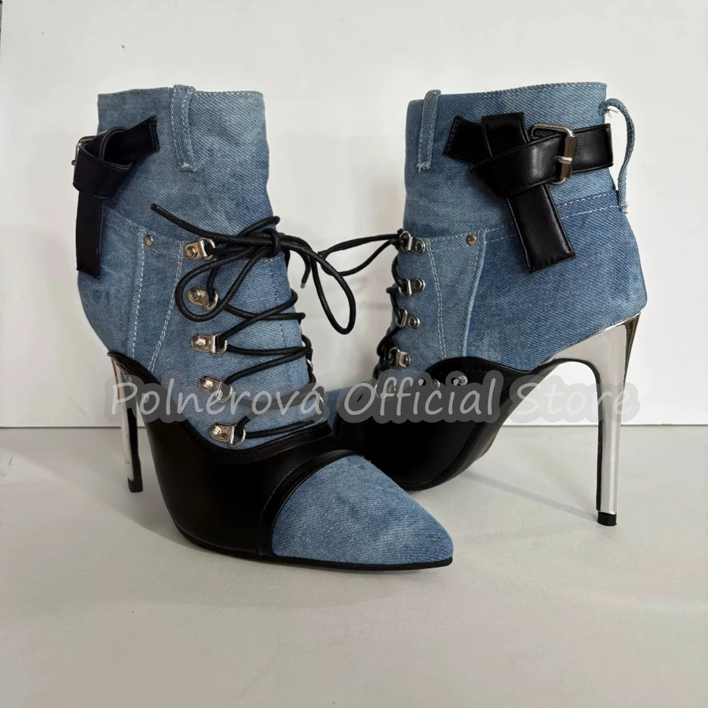 Women Mixed Color Denim Patchwork High Heel Ankle Boots Sexy Pointed Toe Lace-Up Stiletto High Heel Boots Party Dress Shoes
