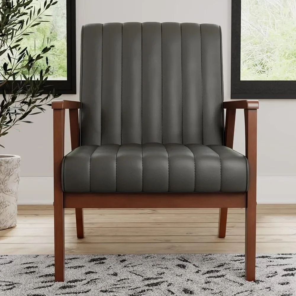 

Living room chair with exposed wood armrests - real wood - modern channel tufted, grey