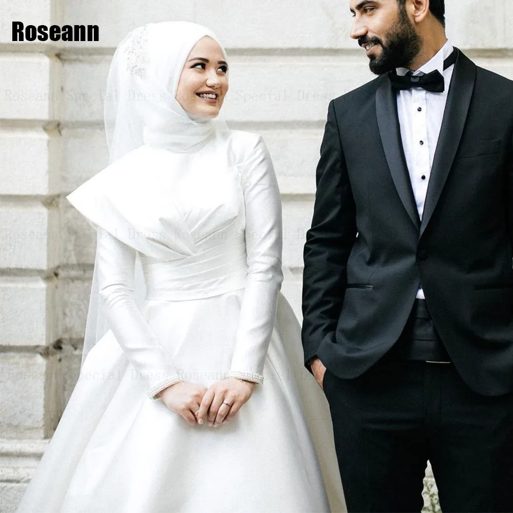 Customized Muslim A-line Wedding Dress 2026 Satin Fashion High Collar Full Draped Pleated Bride Dress Brush Train robe de mariée