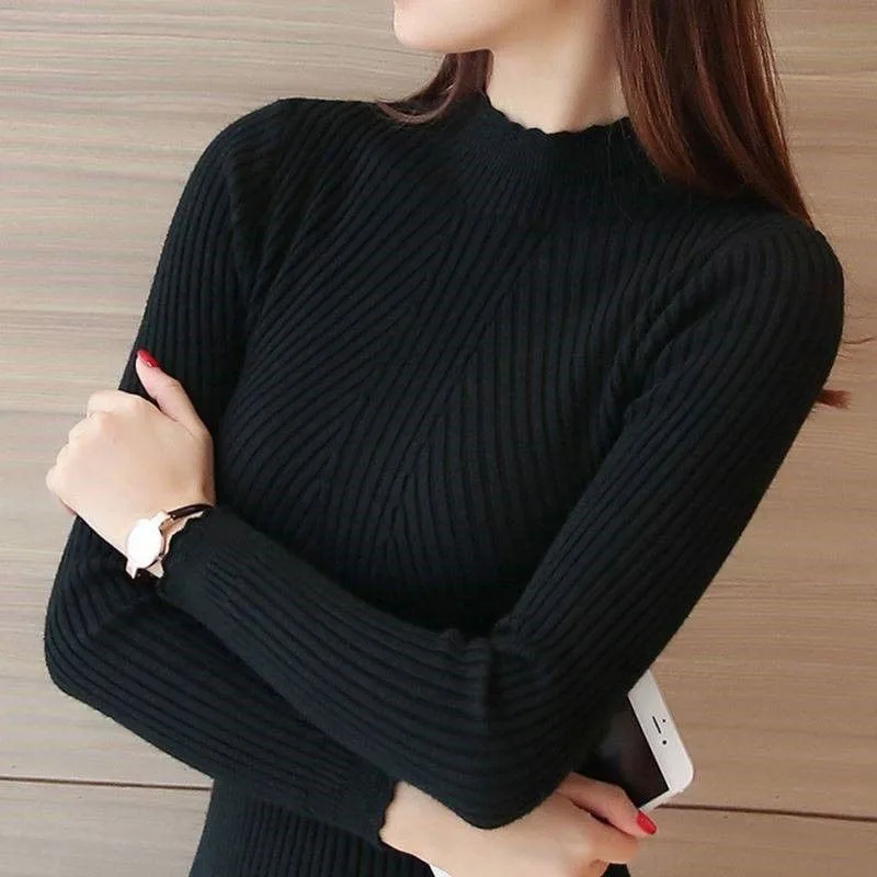 Autumn Winter Women Sweaters Korean Fashion Slim Mock Neck Ruffles Jersey Sweaters Solid Long Sleeve Knitted Bottoming Pullovers