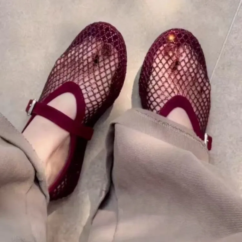 Hollow Rhinestone Baotou Sandals Women 2026 New Fishing Net Breathable Woven Mary Jane Single Shoes