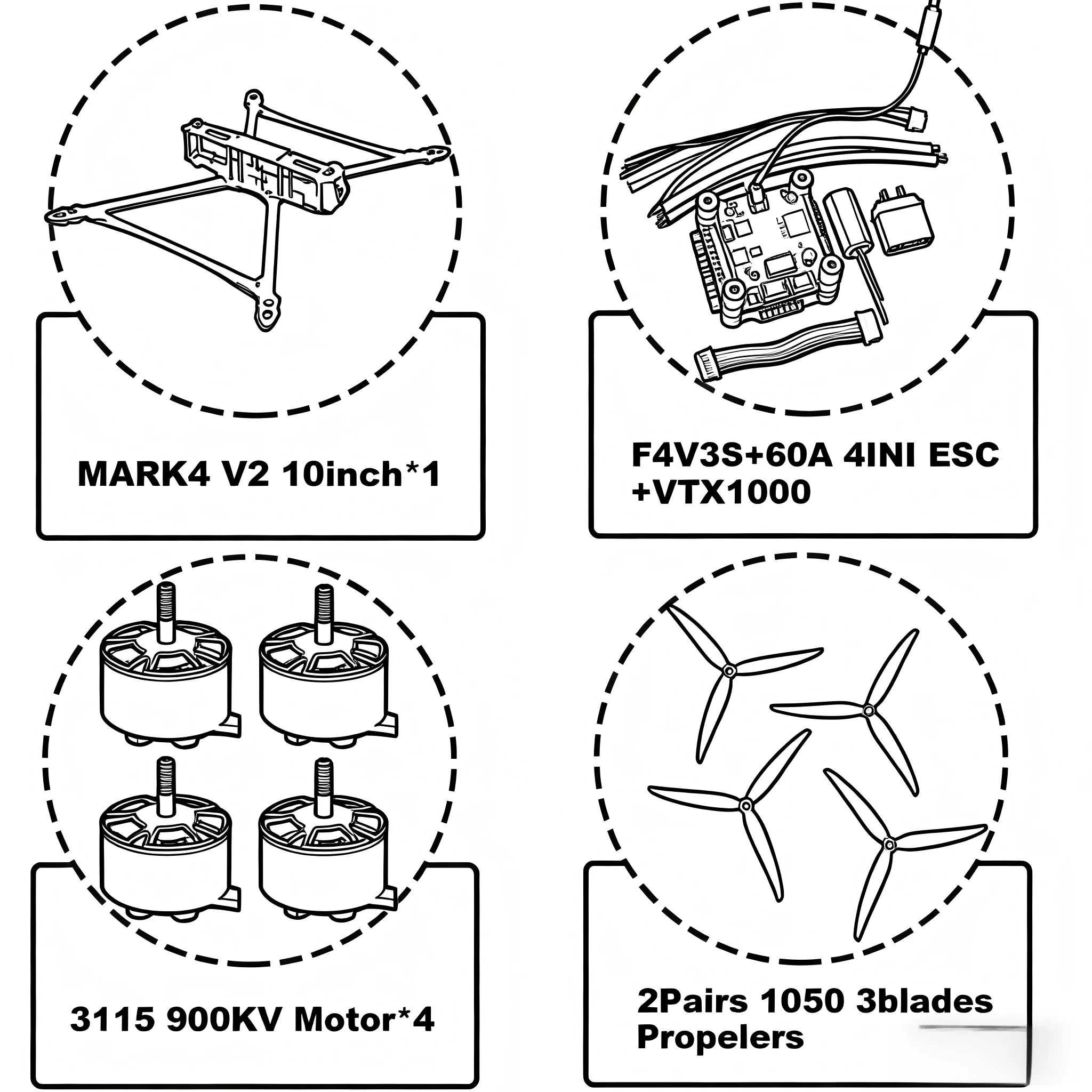 

MARK4 V2 10-дюймовый дрон с полетным контроллером F4V3S/F4V3S PLUS, регулятором скорости 45/60A 4INI ESC, карбоновым корпусом, для FPV-гонок и фристайла.