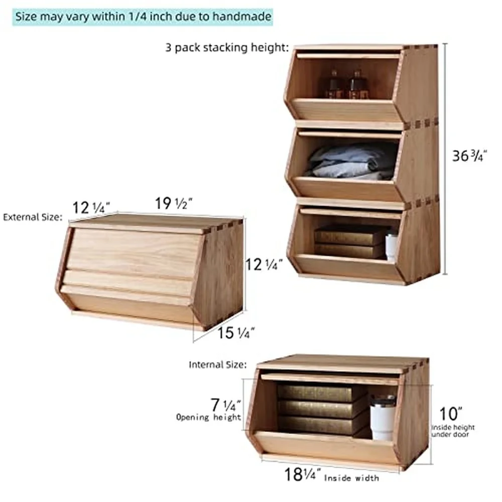 Stackable Solid Wood Storage Chests Modular Bins with Lids 19.5