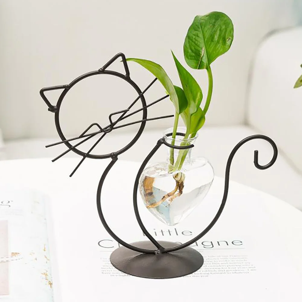 Hydroponic Glass Heart Vase With Metal Holder Hand Welded High Temperature Baking Paint Lovely Cat Shape Cute And Dynamic