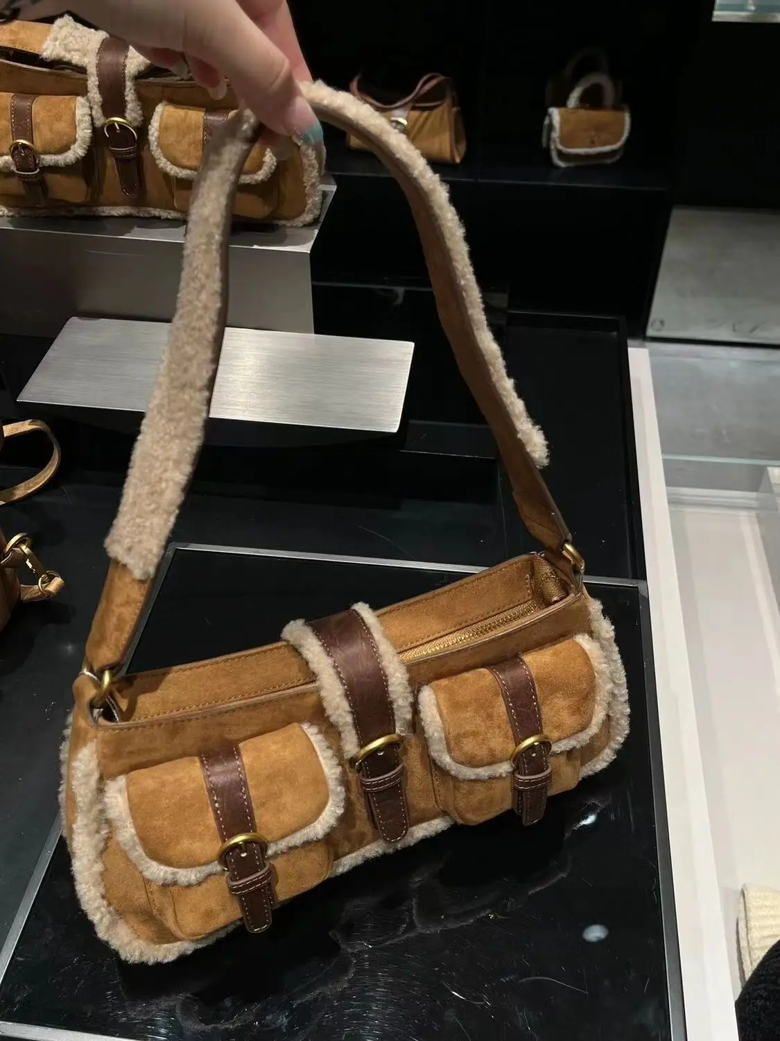 

JIAERDI Retro Lamb Patchwork Brown Shoulder Bag Women Vintage Pocket Chic Y2k Handbag Female Hot Girls Casual Underarm Bag 2025
