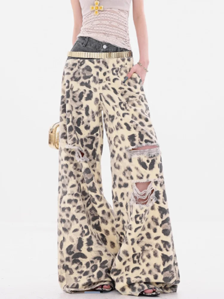 

Y2K Джинсы с леопардовым принтом Женские джинсы с двойной талией в стиле пэчворк с рваным дизайном Свободные широкие джинсовые брюки