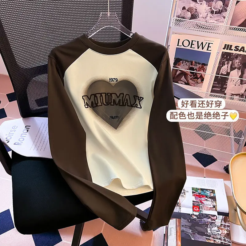 Large size women's clothing spring and autumn new contrasting colors loose and thin letter printing long-sleeved T-shirt 2