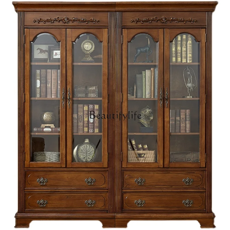 American-Style Solid Wood Household Bookcase Double-Door Storage Combination European-Style Glass Door Display Cabinet