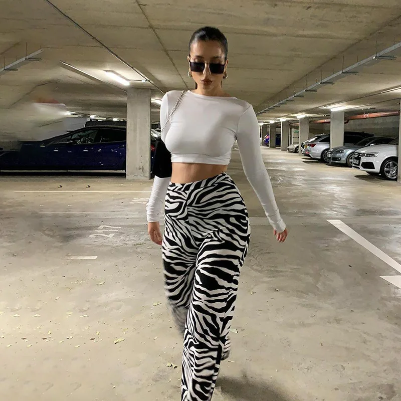 Fashionable Sexy Slim Fit Micro Flared Zebra Print Casual Long Pants Sporty High Waist Trousers for Women Autumn Season