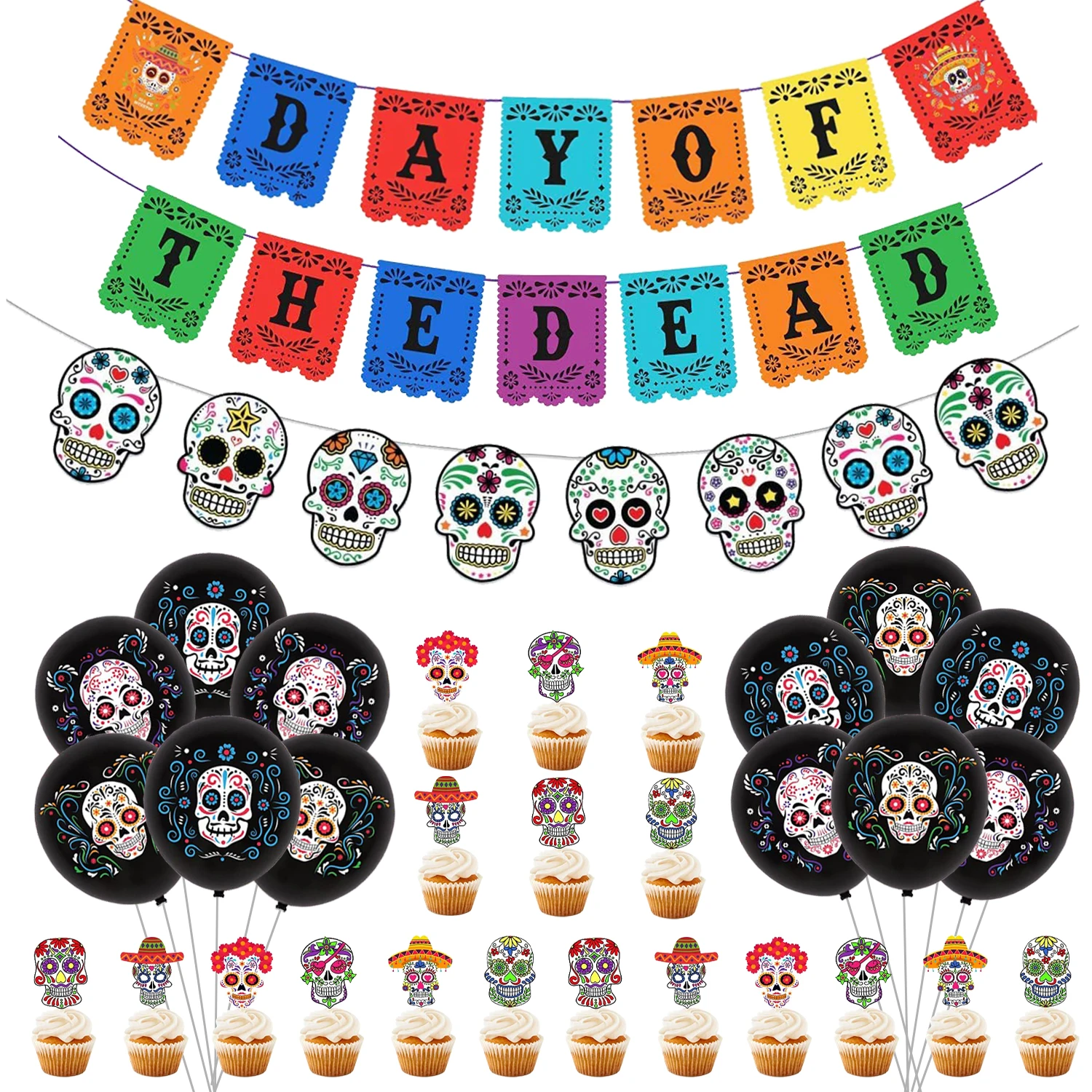 

Cheereveal Day of The Dead Decorations Sugar Skull Banner Cake Topper Balloons Kit for Halloween Dia De Los Muertos Party Decor