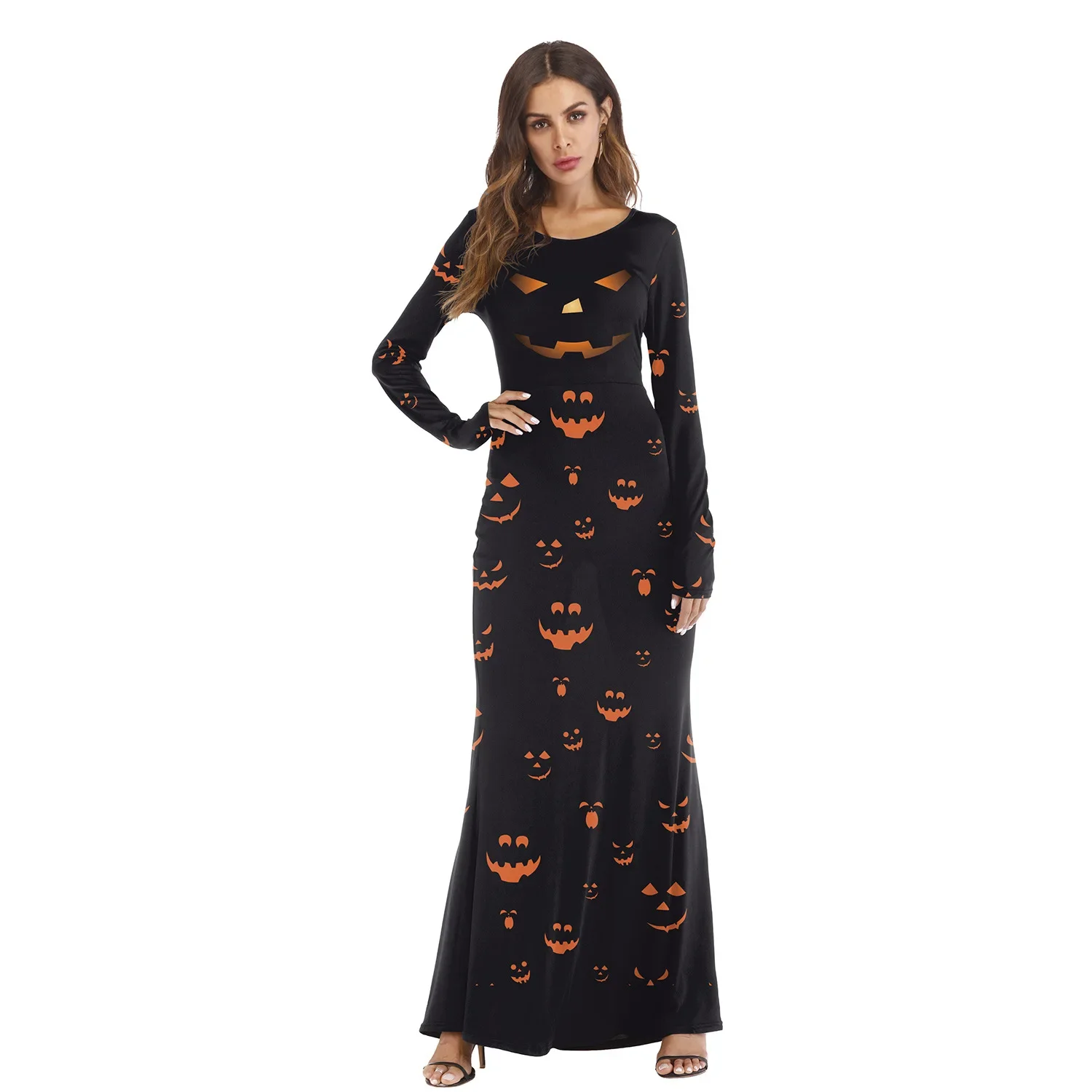 Women Halloween Ghost Festival Party Show Costume Dress Up Slinky Dresses Pumpkin Handprint Print Variety Long Sleeve Dress