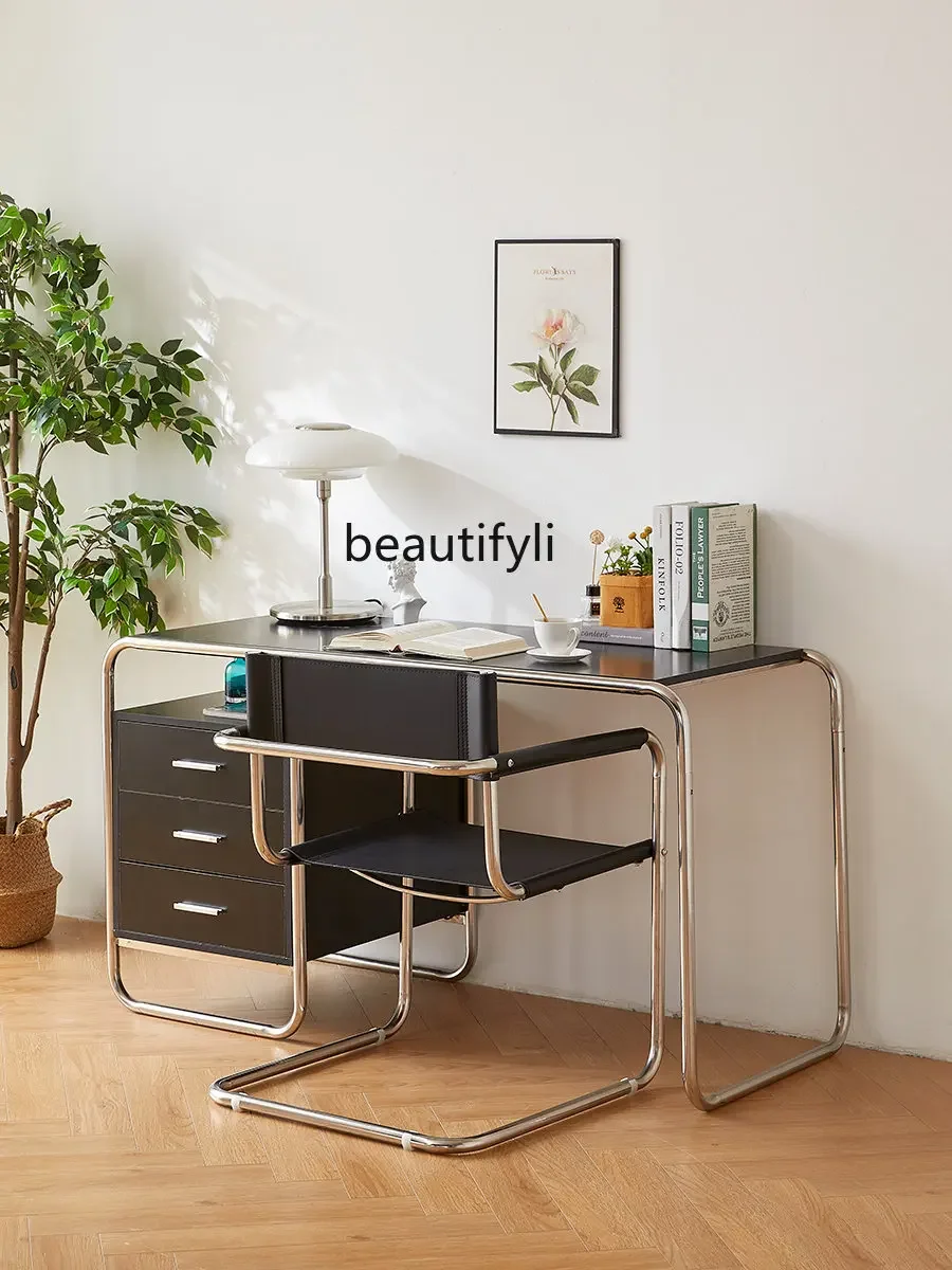 

Stainless Steel Computer Desk Home Light Luxury Office Study Drawer Bauhaus Desk Writing Desk